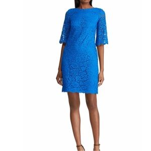 Lauren Ralph Lauren Blue Portuguese Floral Overlay BellSleeve ShiftDress NWT 14P